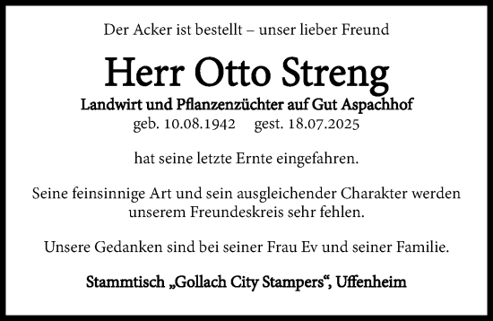 Traueranzeige von Otto Streng von Neustadt/ Scheinfeld/ Uffenheim