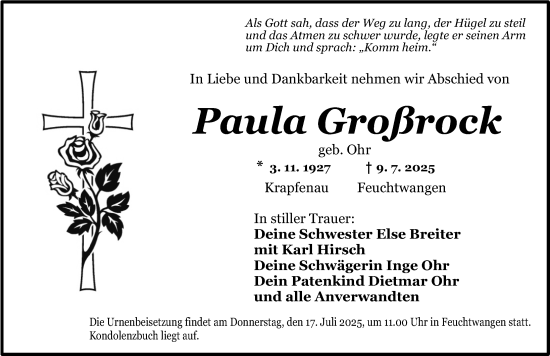 Traueranzeige von Paula Großrock von Dinkelsbühl/ Feuchtwangen
