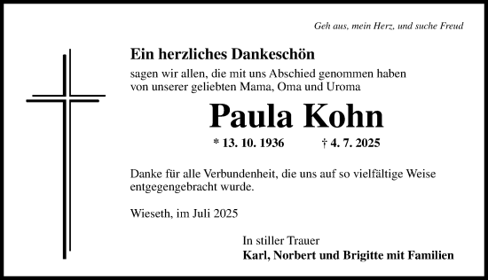 Traueranzeige von Paula Kohn von Dinkelsbühl/ Feuchtwangen