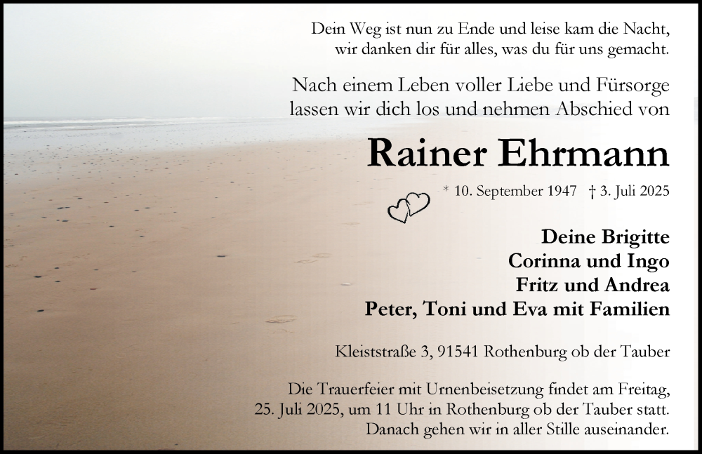  Traueranzeige für Rainer Ehrmann vom 19.07.2025 aus Rothenburg