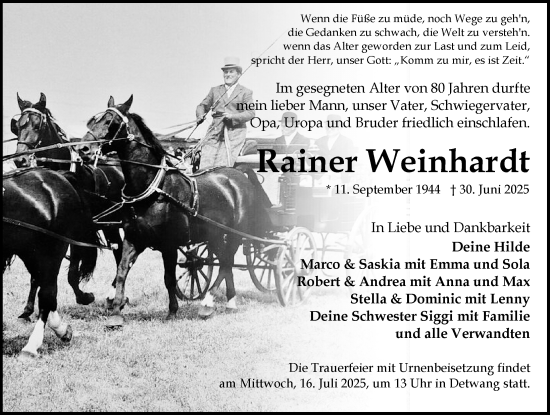 Traueranzeige von Rainer Weinhardt von Rothenburg