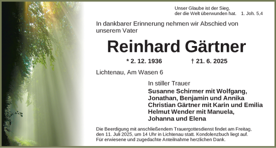 Traueranzeige von Reinhard Gärtner von Ansbach
