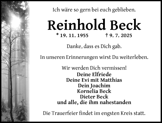 Traueranzeige von Reinhold Beck von Neustadt/ Scheinfeld/ Uffenheim