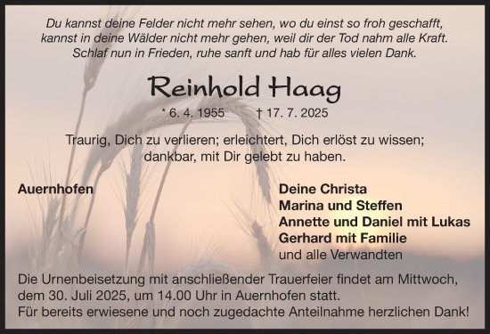 Traueranzeige von Reinhold Haag von Neustadt/ Scheinfeld/ Uffenheim