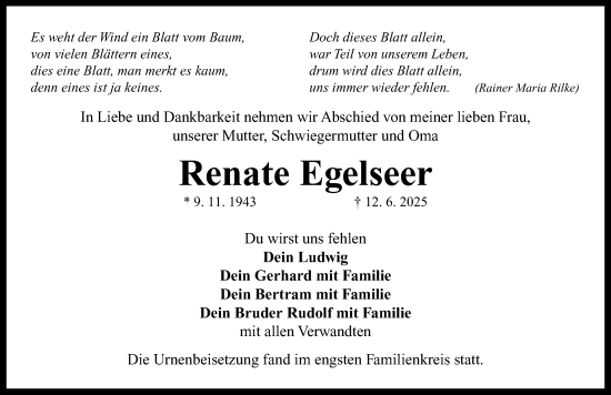 Traueranzeige von Renate Egelseer von Neustadt/ Scheinfeld/ Uffenheim