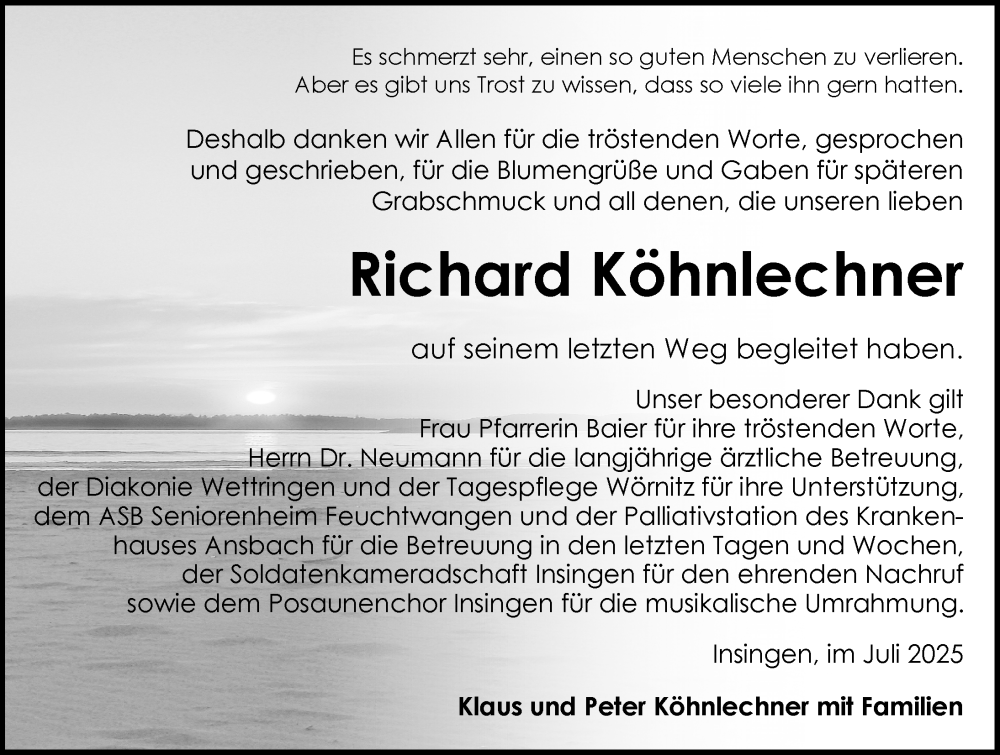  Traueranzeige für Richard Köhnlechner vom 26.07.2025 aus Rothenburg