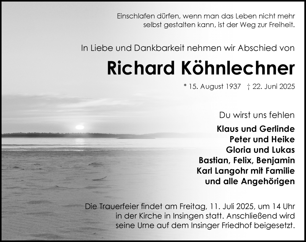  Traueranzeige für Richard Köhnlechner vom 08.07.2025 aus Rothenburg