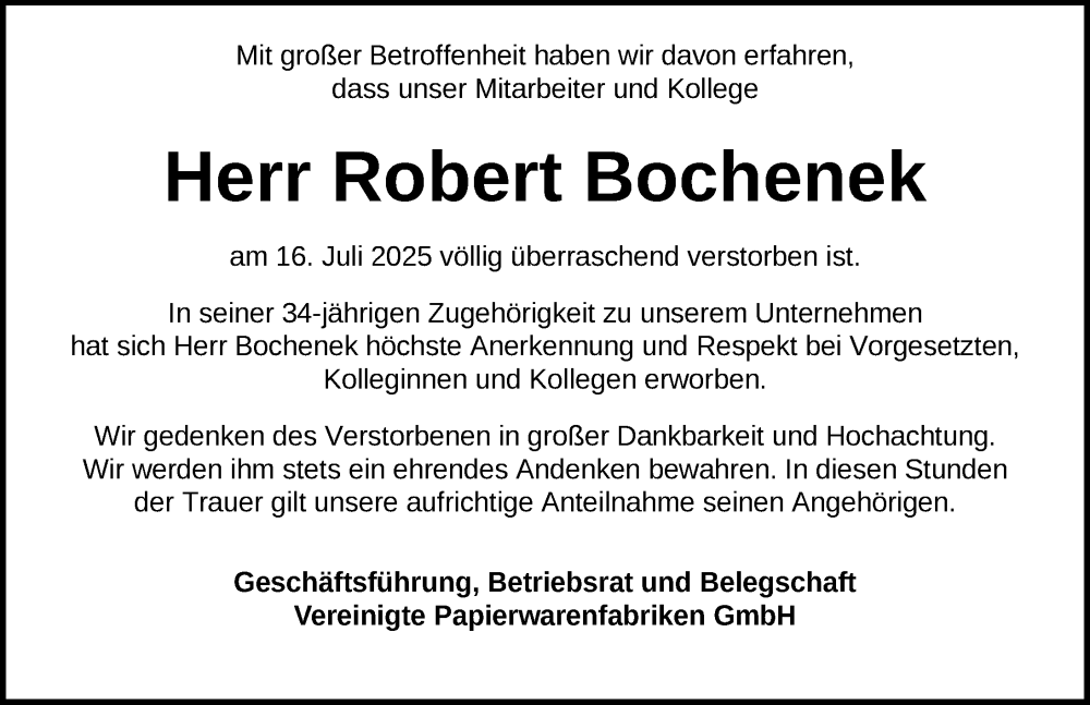  Traueranzeige für Robert Bochenek vom 24.07.2025 aus Dinkelsbühl/ Feuchtwangen