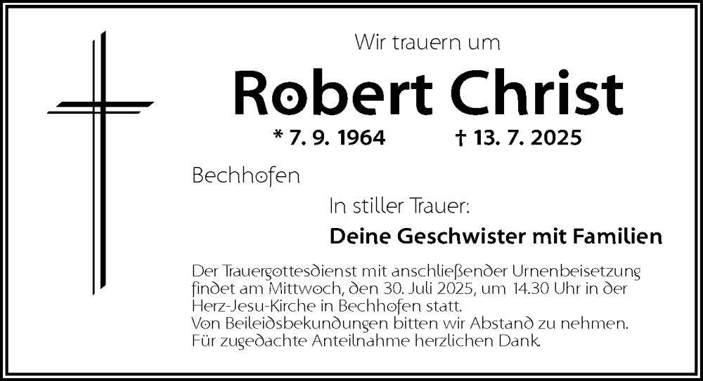  Traueranzeige für Robert Christ vom 26.07.2025 aus Dinkelsbühl/ Feuchtwangen