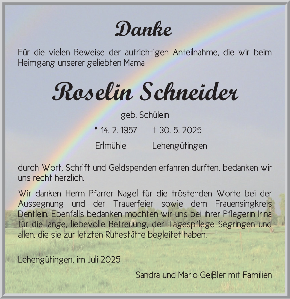  Traueranzeige für Roselin Schneider vom 05.07.2025 aus Dinkelsbühl/ Feuchtwangen