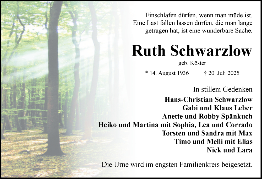  Traueranzeige für Ruth Schwarzlow vom 26.07.2025 aus Rothenburg