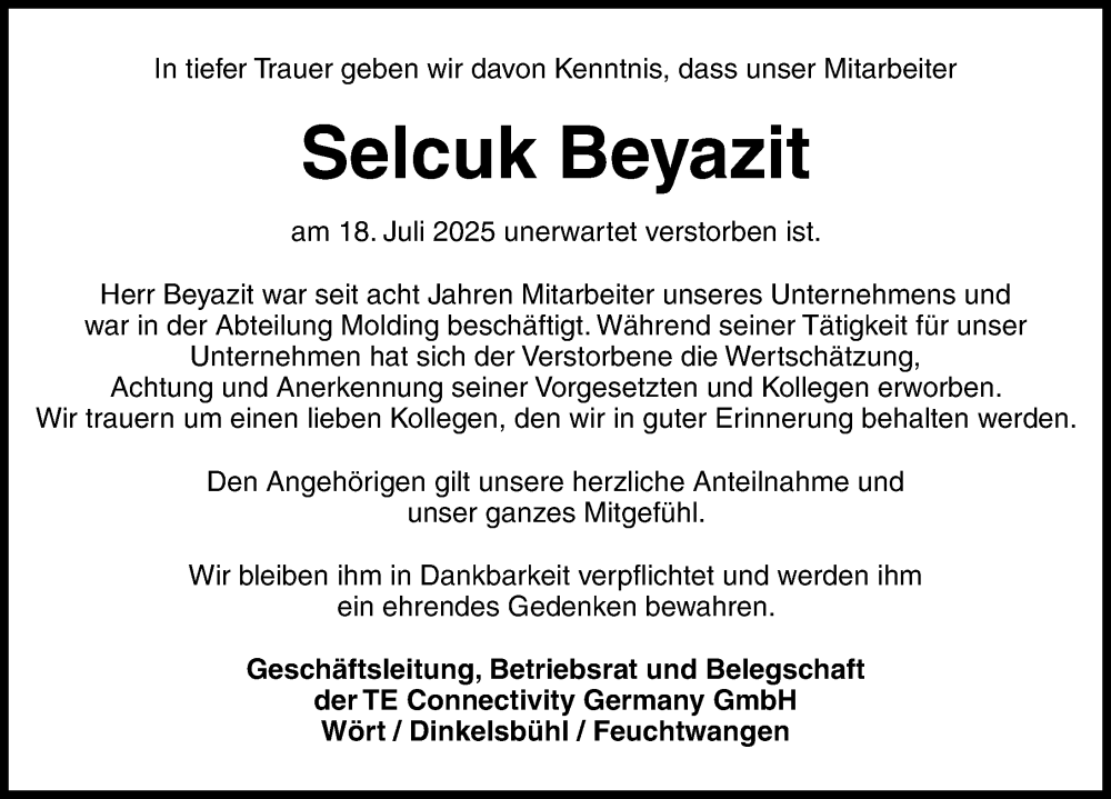  Traueranzeige für Selcuk Beyazit vom 24.07.2025 aus Dinkelsbühl/ Feuchtwangen