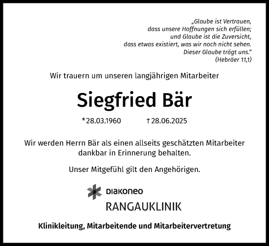 Traueranzeige von Siegfried Bär von GE