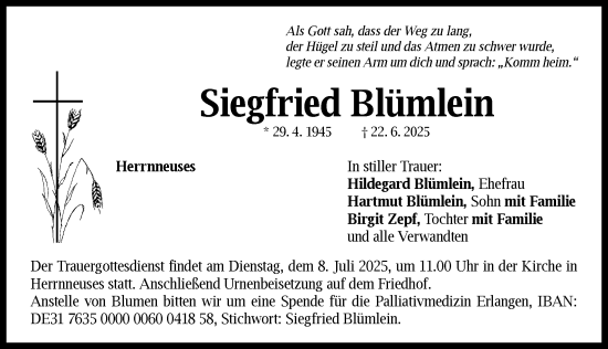 Traueranzeige von Siegfried Blümlein von Neustadt/ Scheinfeld/ Uffenheim