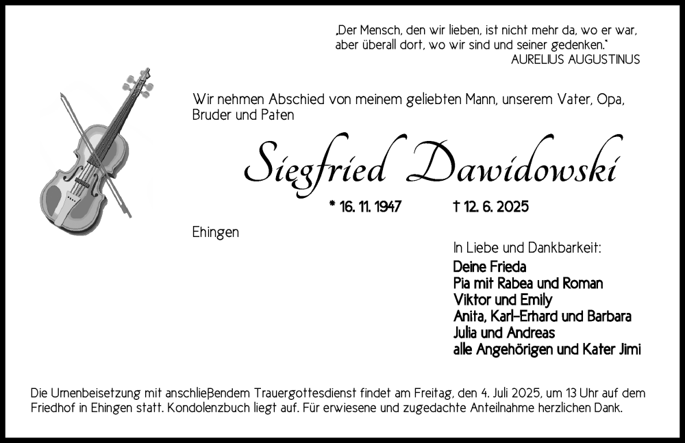  Traueranzeige für Siegfried Dawidowski vom 02.07.2025 aus Dinkelsbühl/ Feuchtwangen