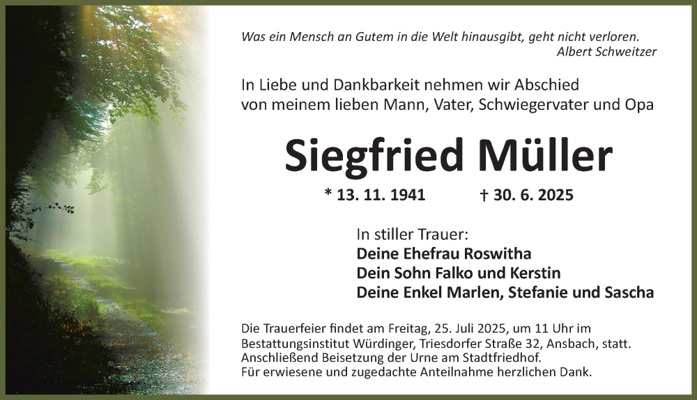  Traueranzeige für Siegfried Müller vom 19.07.2025 aus Ansbach
