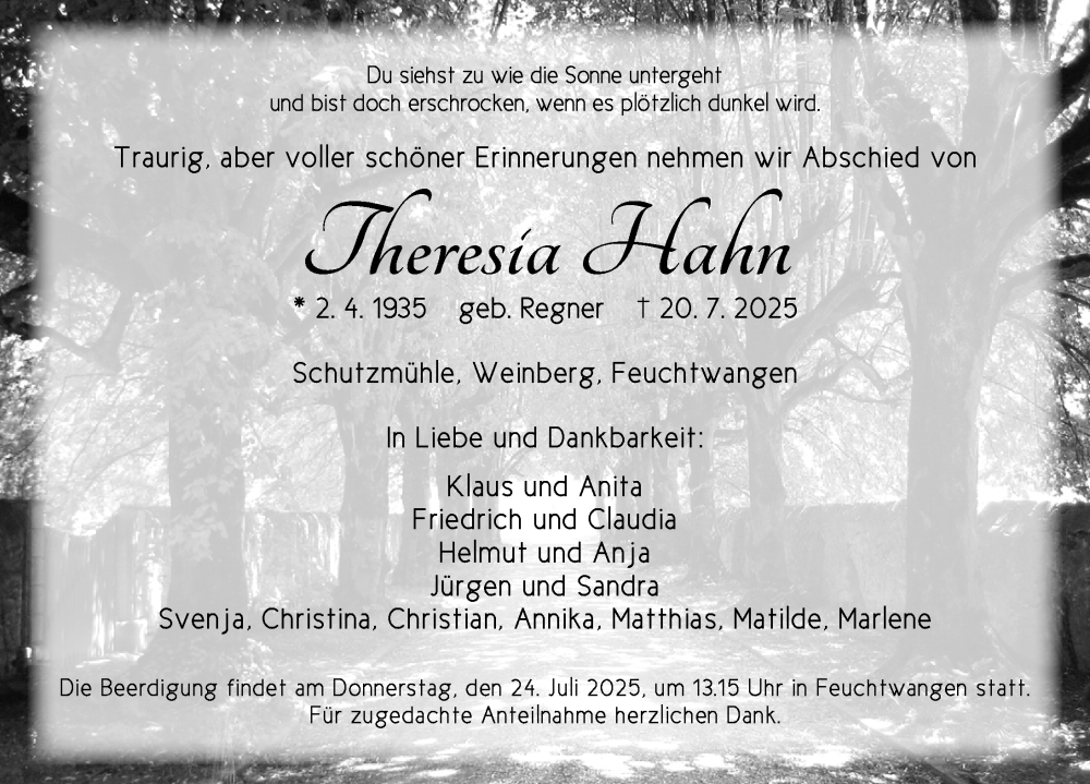  Traueranzeige für Theresia Hahn vom 23.07.2025 aus Ansbach