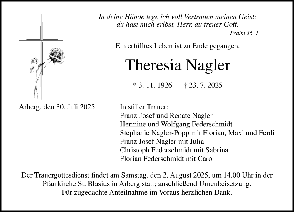  Traueranzeige für Theresia Nagler vom 30.07.2025 aus Ansbach