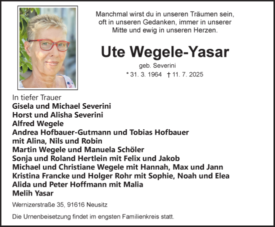 Traueranzeige von Ute Wegele-Yasar von Rothenburg