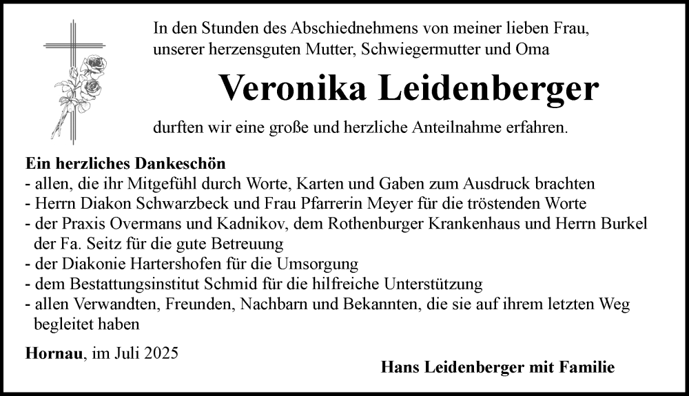  Traueranzeige für Veronika Leidenberger vom 11.07.2025 aus Neustadt/ Scheinfeld/ Uffenheim