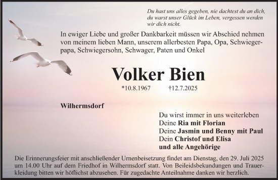 Traueranzeige von Volker Bien von Neustadt/ Scheinfeld/ Uffenheim