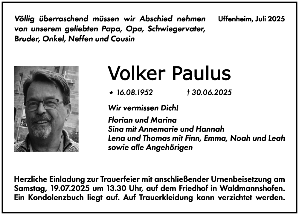  Traueranzeige für Volker Paulus vom 11.07.2025 aus Neustadt/ Scheinfeld/ Uffenheim