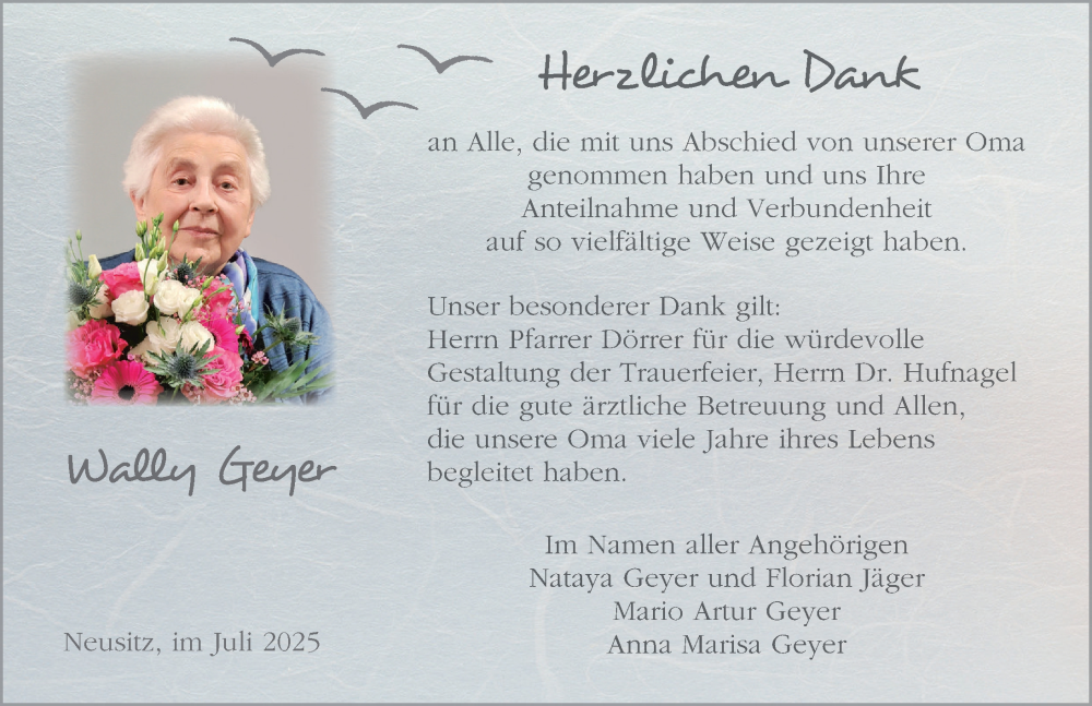  Traueranzeige für Wally Geyer vom 26.07.2025 aus Rothenburg