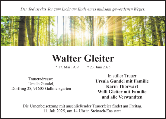 Traueranzeige von Walter Gleiter von Neustadt/ Scheinfeld/ Uffenheim