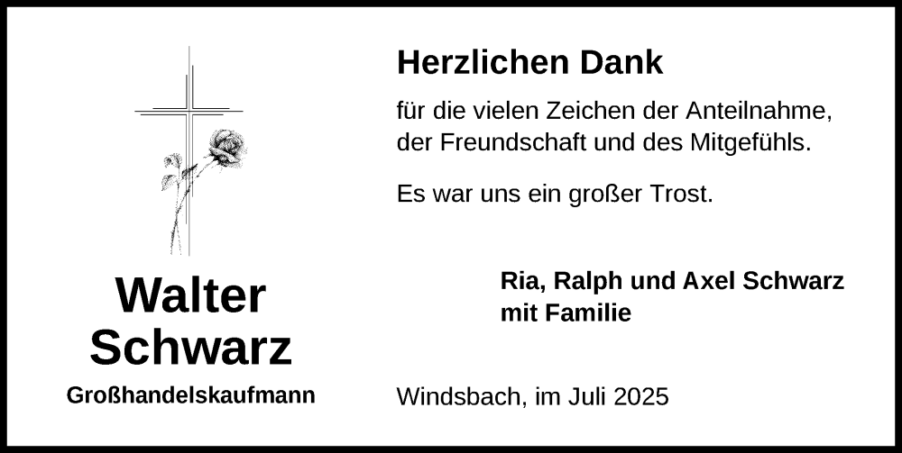  Traueranzeige für Walter Schwarz vom 26.07.2025 aus Ansbach