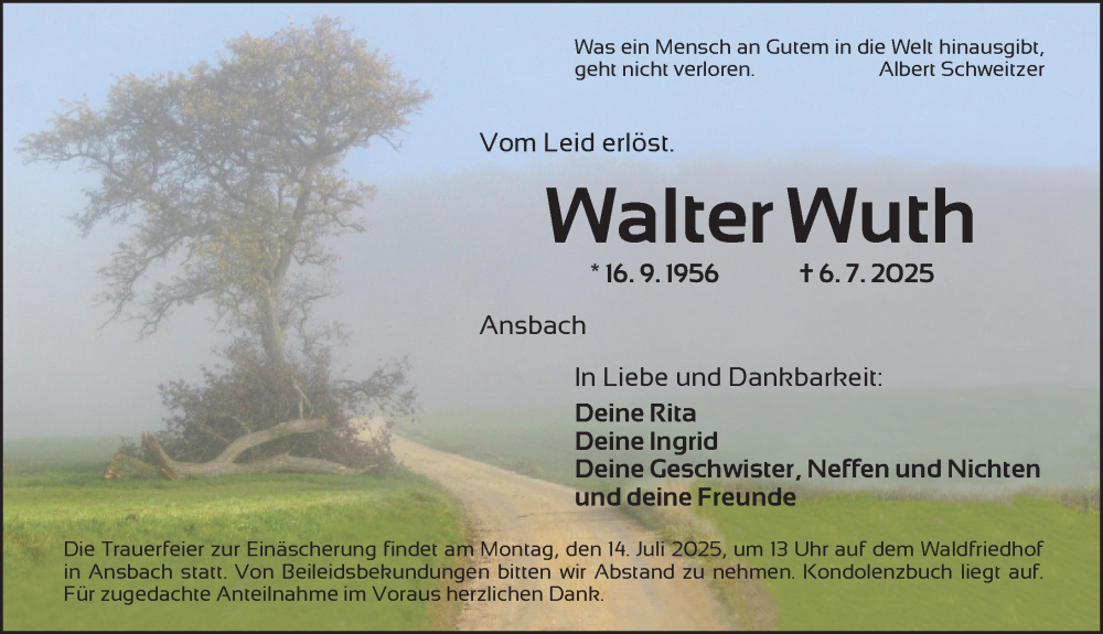  Traueranzeige für Walter Wuth vom 12.07.2025 aus Ansbach