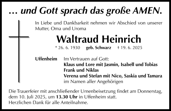 Traueranzeige von Waltraud Heinrich von Neustadt/ Scheinfeld/ Uffenheim