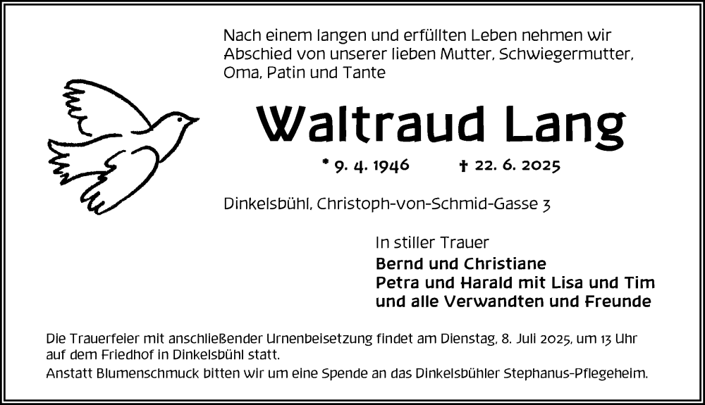  Traueranzeige für Waltraud Lang vom 05.07.2025 aus Dinkelsbühl/ Feuchtwangen