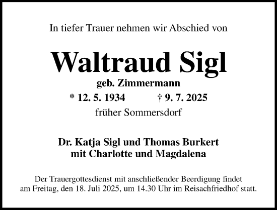 Traueranzeige von Waltraud Sigl von Ansbach