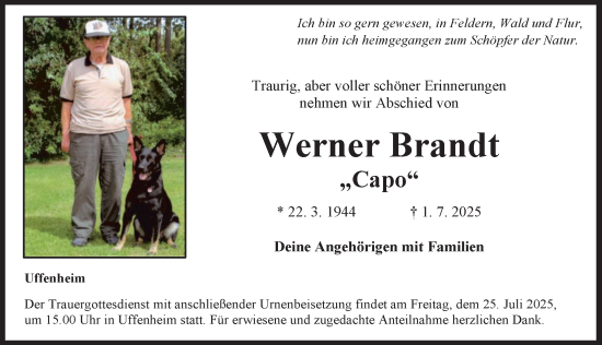 Traueranzeige von Werner Brandt von Neustadt/ Scheinfeld/ Uffenheim