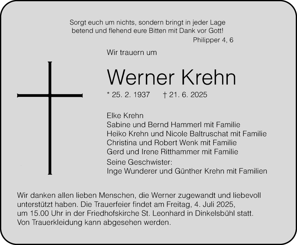 Traueranzeige für Werner Krehn vom 01.07.2025 aus Dinkelsbühl/ Feuchtwangen