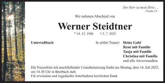 Traueranzeige von Werner Steidtner von Neustadt/ Scheinfeld/ Uffenheim
