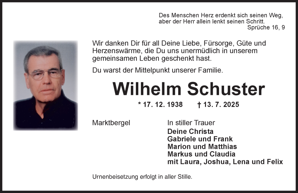  Traueranzeige für Wilhelm Schuster vom 26.07.2025 aus Neustadt/ Scheinfeld/ Uffenheim