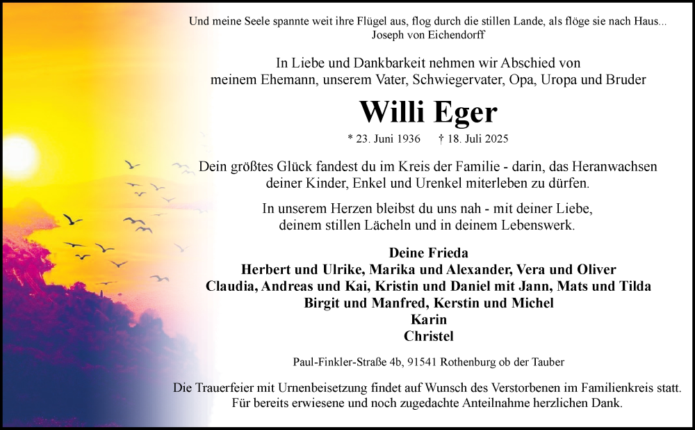  Traueranzeige für Willi Eger vom 26.07.2025 aus Rothenburg