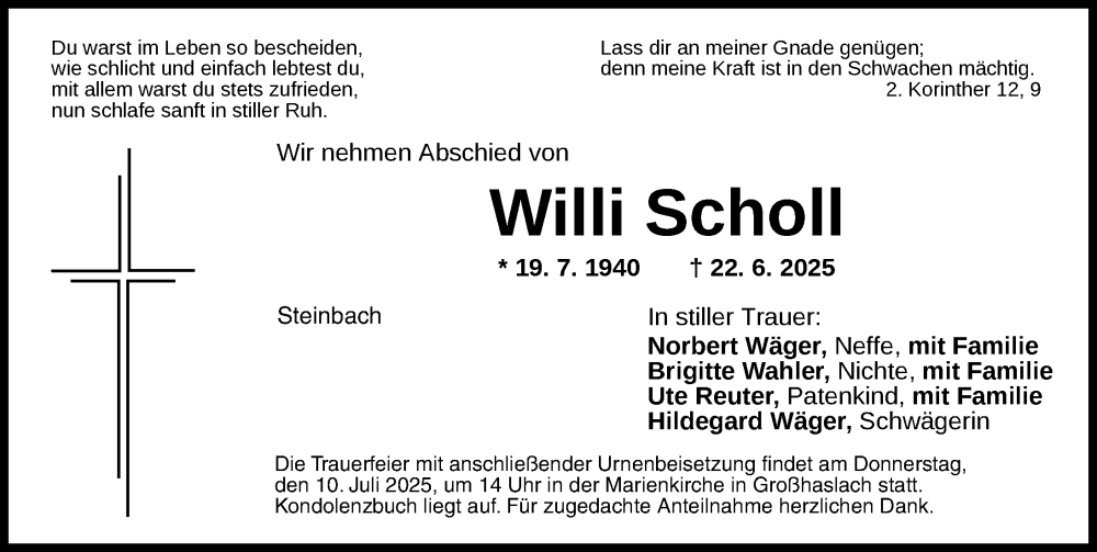  Traueranzeige für Willi Scholl vom 08.07.2025 aus Ansbach