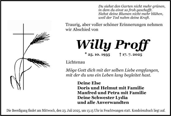 Traueranzeige von Willy Proff von Dinkelsbühl/ Feuchtwangen