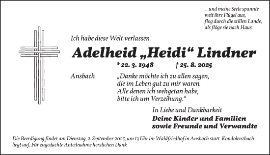 Traueranzeige von Adelheid Lindner von Ansbach