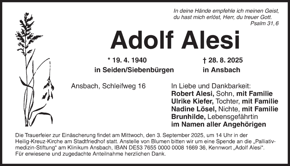  Traueranzeige für Adolf Alesi vom 30.08.2025 aus Ansbach