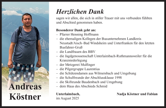 Traueranzeige von Andreas Köstner von Neustadt/ Scheinfeld/ Uffenheim