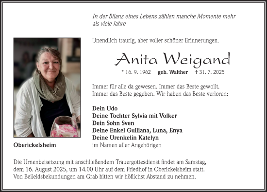 Traueranzeige von Anita Weigand von Neustadt/ Scheinfeld/ Uffenheim