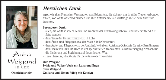 Traueranzeige von Anita Weigand von Neustadt/ Scheinfeld/ Uffenheim