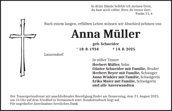 Traueranzeige von Anna Müller von Ansbach