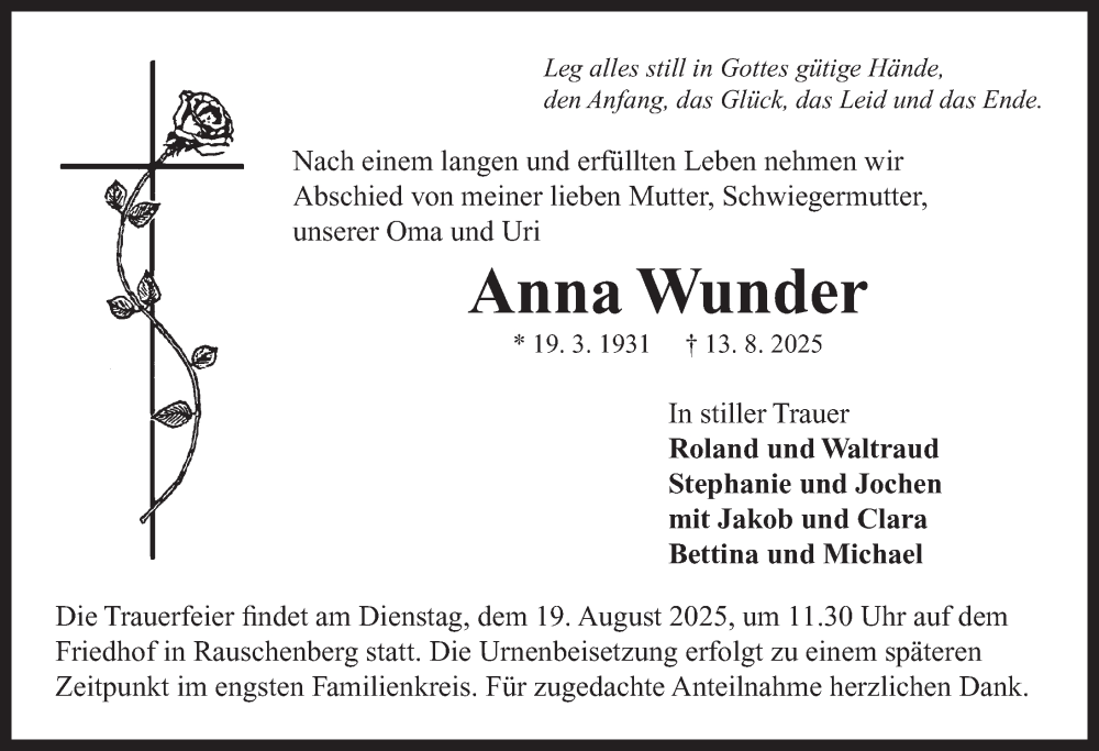  Traueranzeige für Anna Wunder vom 18.08.2025 aus Neustadt/ Scheinfeld/ Uffenheim