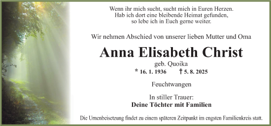 Traueranzeige von Anna Elisabeth Christ von Dinkelsbühl/ Feuchtwangen