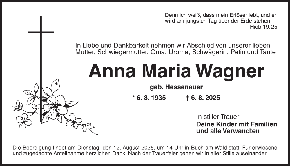  Traueranzeige für Anna Maria Wagner vom 09.08.2025 aus Ansbach