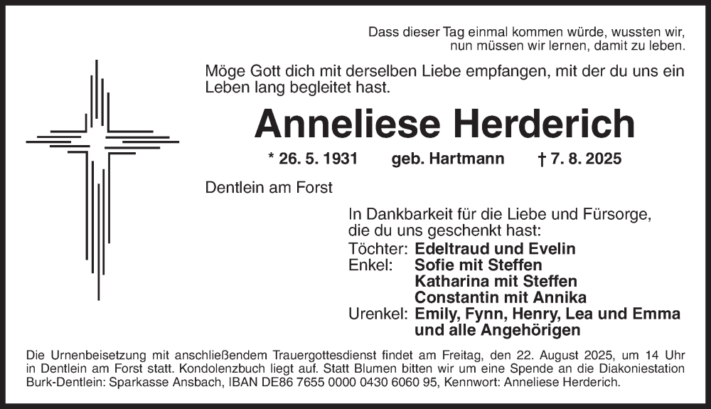  Traueranzeige für Anneliese Herderich vom 19.08.2025 aus Dinkelsbühl/ Feuchtwangen